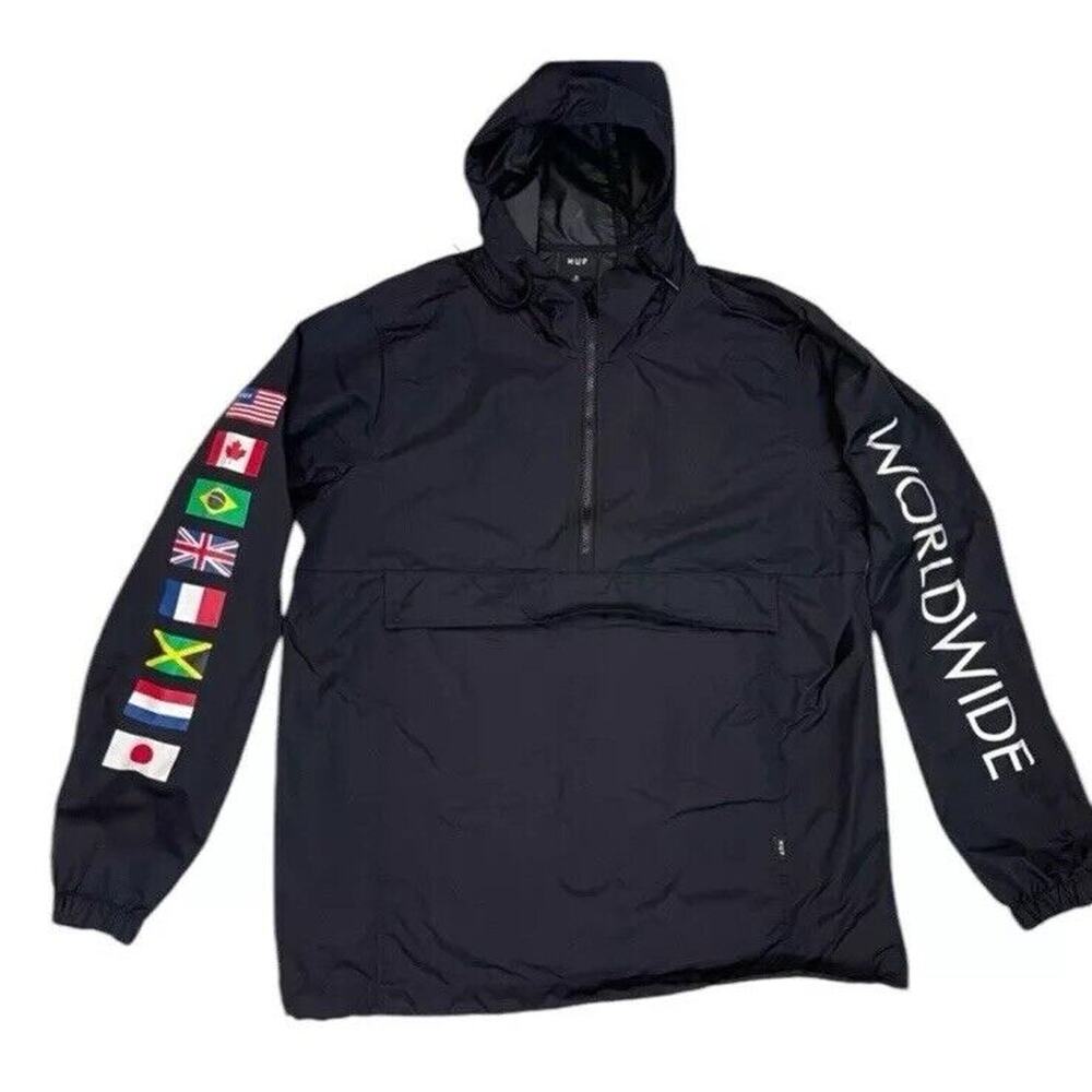 HUF Worldwide Anorak Jacket Mens M Black Flags‎ Half Zip Skateboarder Streetwear